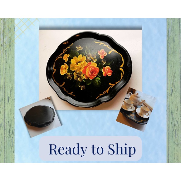 Handpainted Toleware Tray with Beautiful Yellow Blooms - Picture 1 of 10